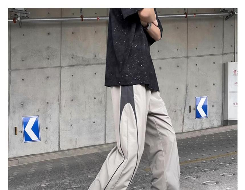 Drawstring Waist Two Tone Panel Straight Leg Track Pants Product Image