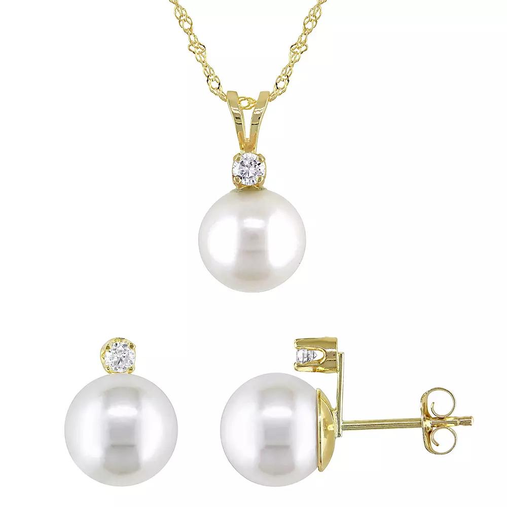 Stella Grace 14k Gold Freshwater Cultured Pearl & 1/6 Carat T.W. Diamond Pendant & Earring Set, Women's, Size: 18" Product Image