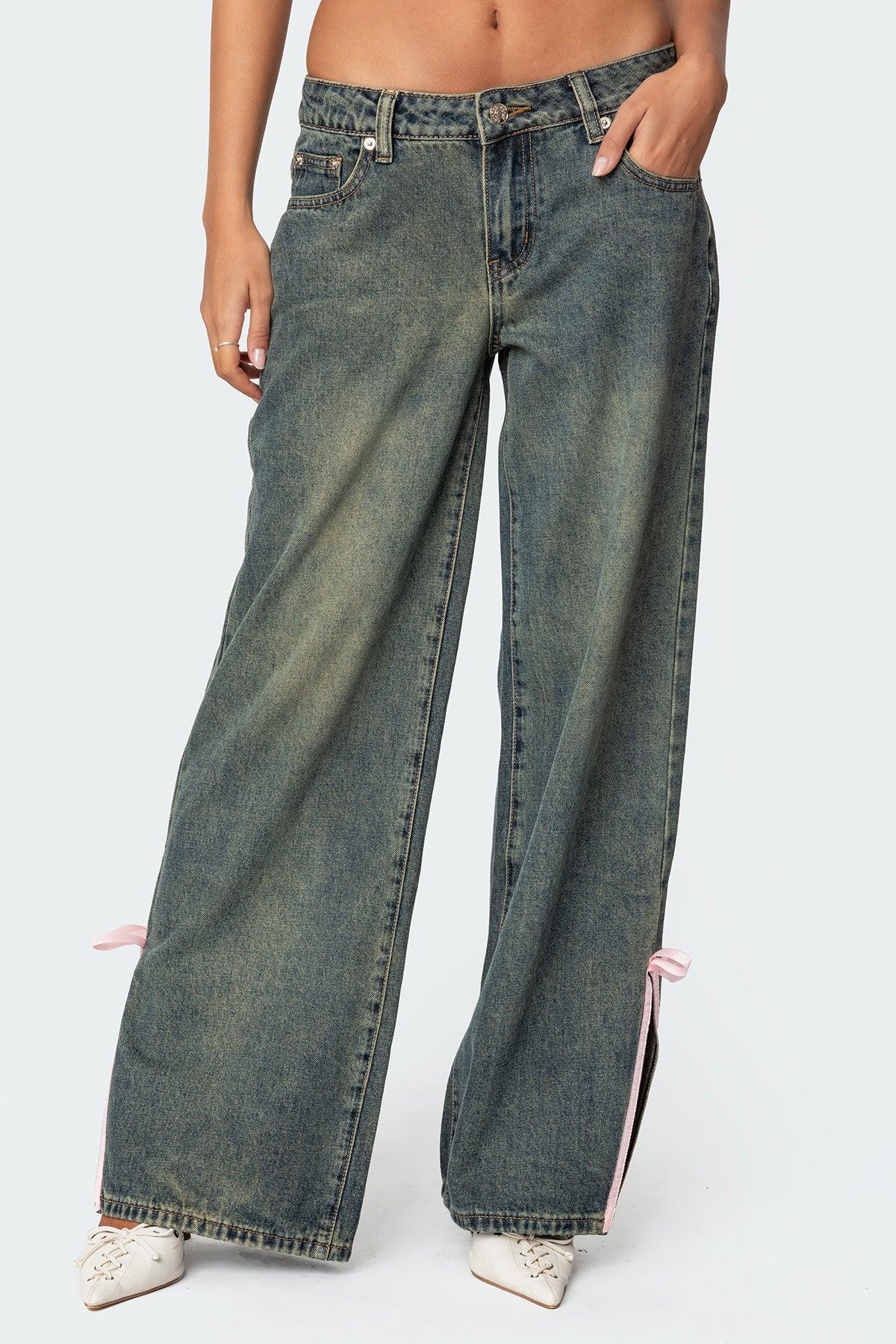Bow Slitted Vintage Washed Low Rise Baggy Jeans Product Image
