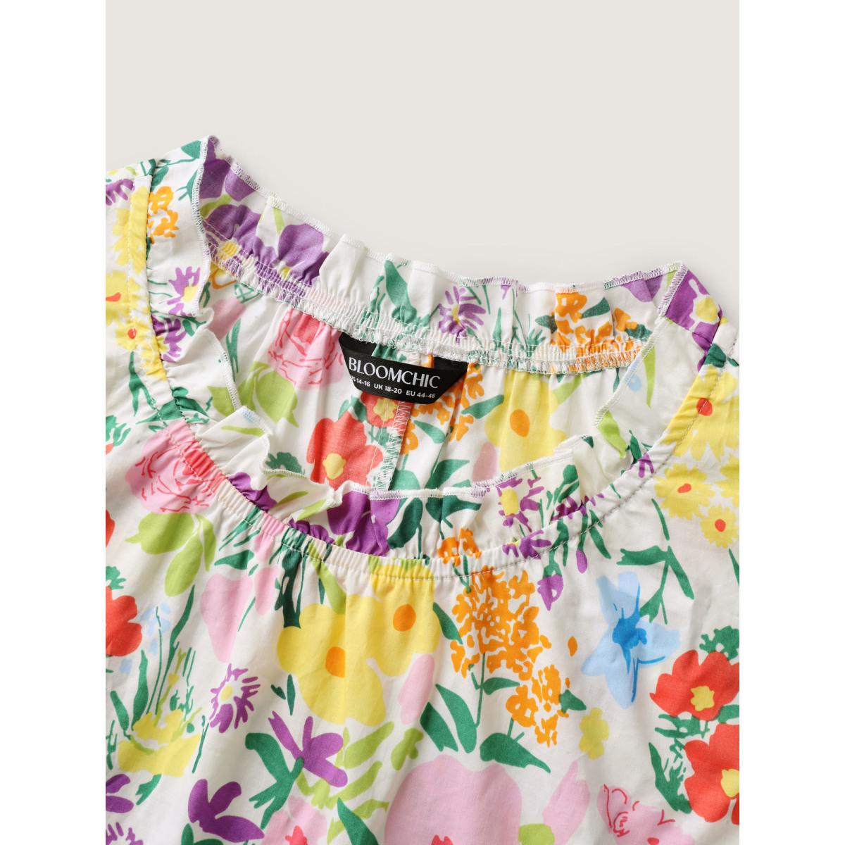 Plus Size Multicolor Pure Cotton Floral Turtleneck Blouse Women Cap Sleeve Mock Neck Everyday-Elegant Blouses BloomChic 12/L Product Image