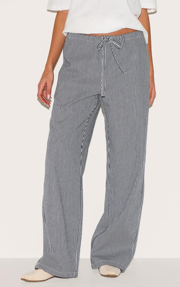  Blue Mid Rise Tie Waist Pinstripe Denim Pant Product Image