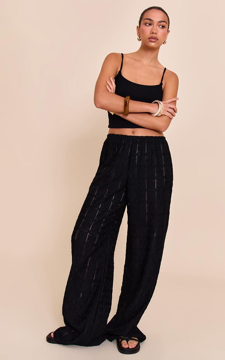Black Crochet Textured Wide Leg Pants Product Image