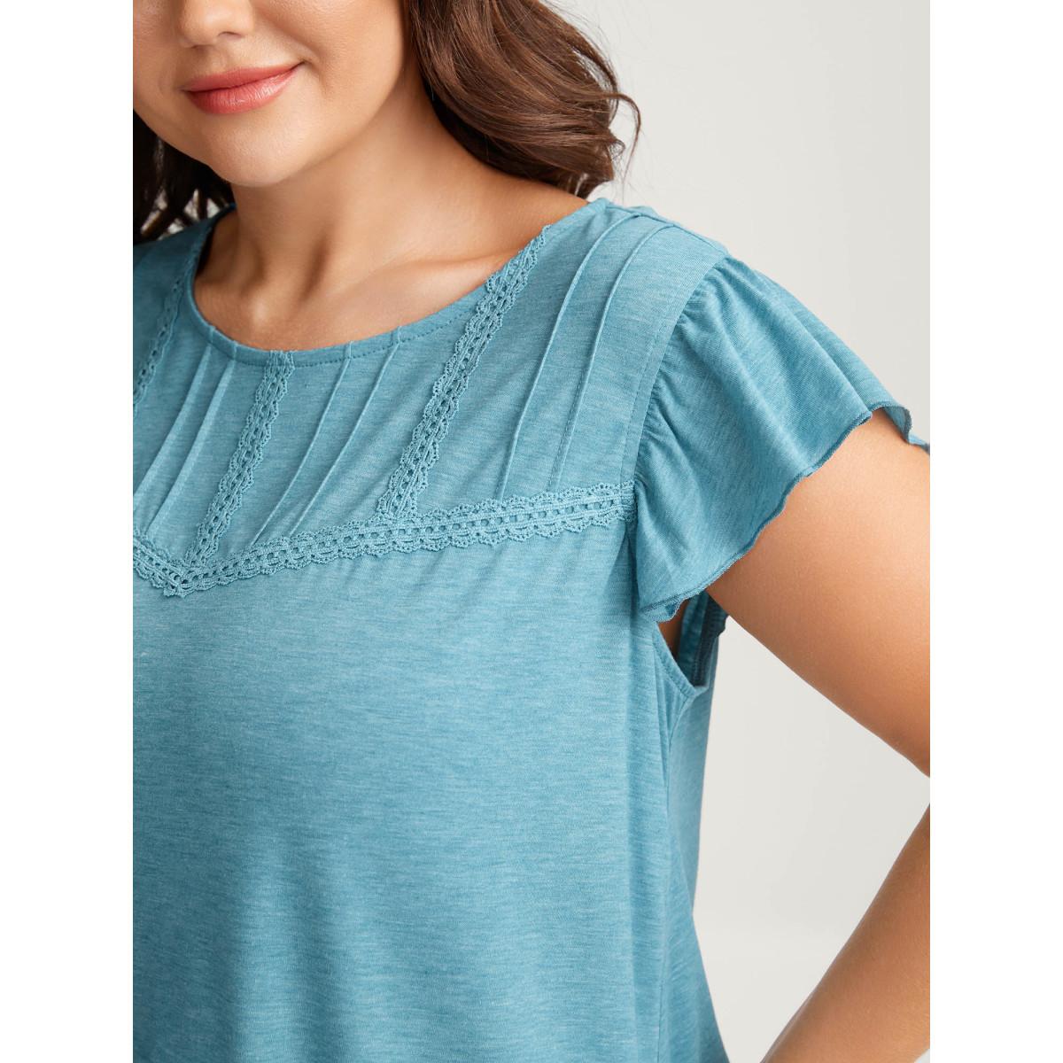 Plus Size Lace Toothpick Pleat Solid Top Turquoise Women Tucked seam Round Neck Everyday-Casual T-shirts BloomChic 10/M Product Image