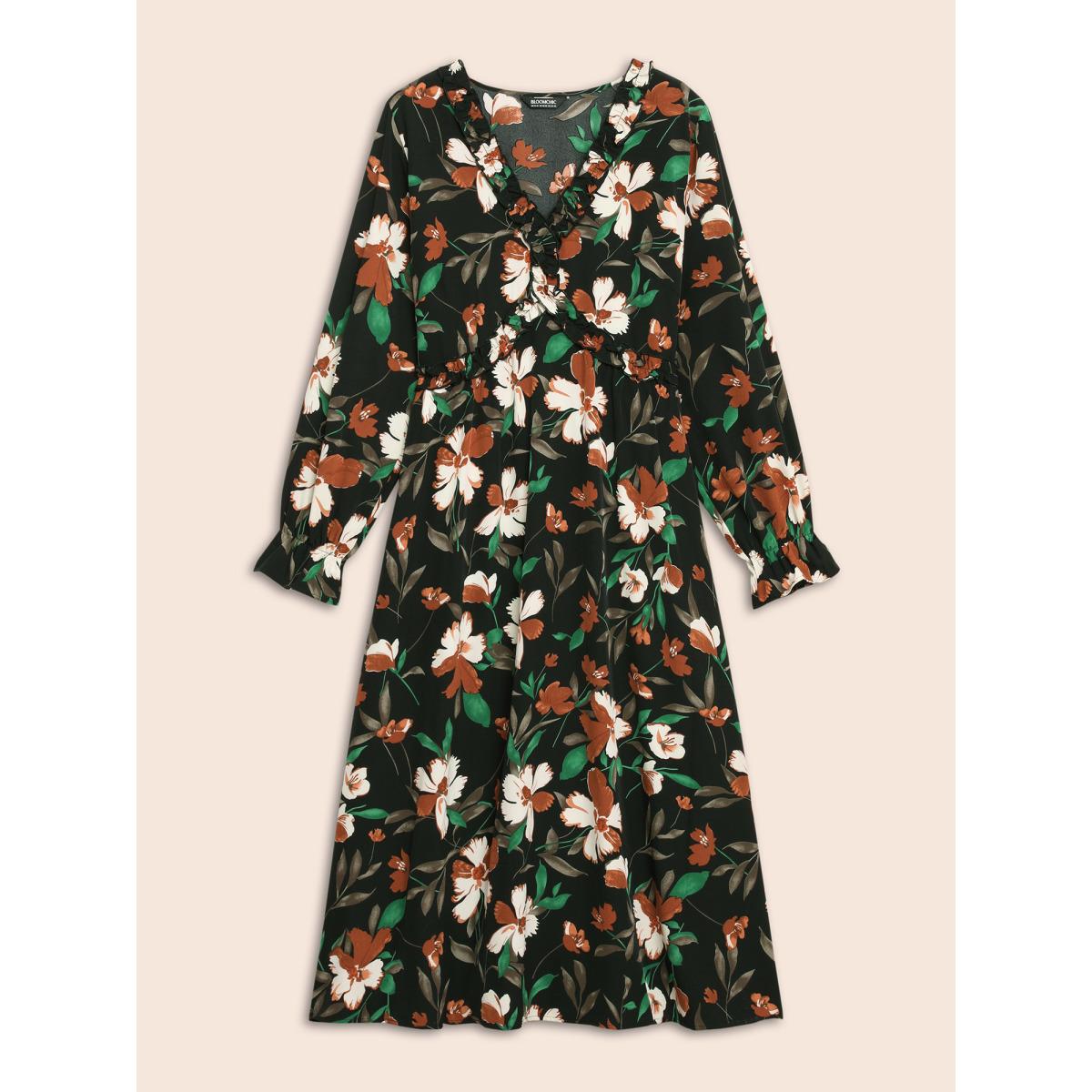 Plus Size Floral Elastic Waist Frill Trim Midi Dress BlackFlower Women Elegant Frill Trim V-neck Long Sleeve Curvy BloomChic 10/M Product Image
