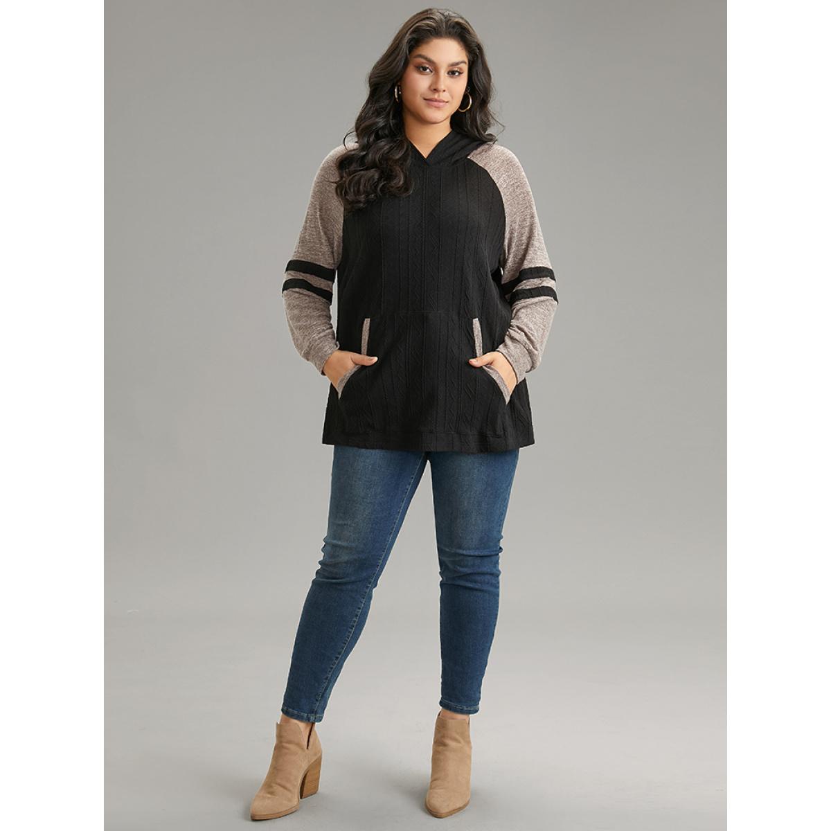 Plus Size Contrast Textured Raglan Sleeve Pocket Hooded Sweatshirt Women Black Casual Texture Hooded Dailywear Sweatshirts BloomChic 14-16/1X Product Image