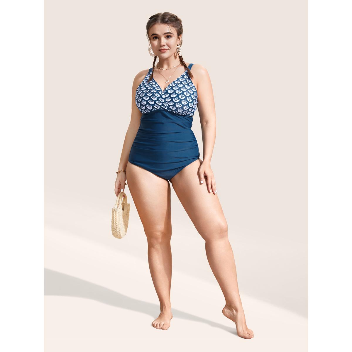 Plus Size Geometric Overlap Collar Gathered One Piece Swimsuit Women's Swimwear Aegean Beach Gathered Curve Bathing Suits High stretch One Pieces BloomChic 12/L Product Image