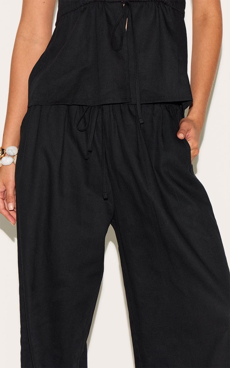 Black Linen Look Drawstring Wide Leg Pants Product Image