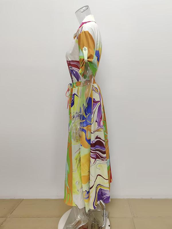 Loose Asymmetric Printed Lapel Blouse + A-Line Drawstring Elasticity Skirt Two Pieces Set Product Image