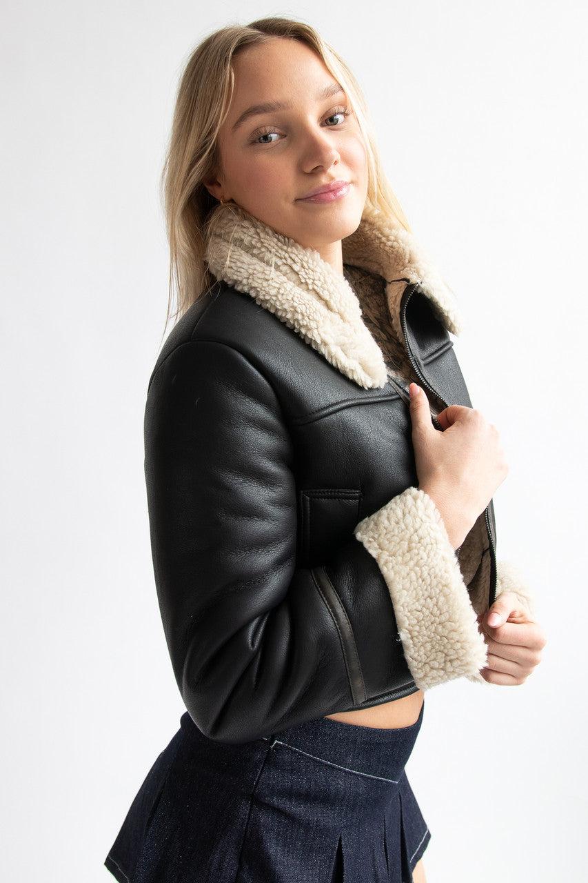 Faux Fur Lined Pleather Bomber Jacket Product Image