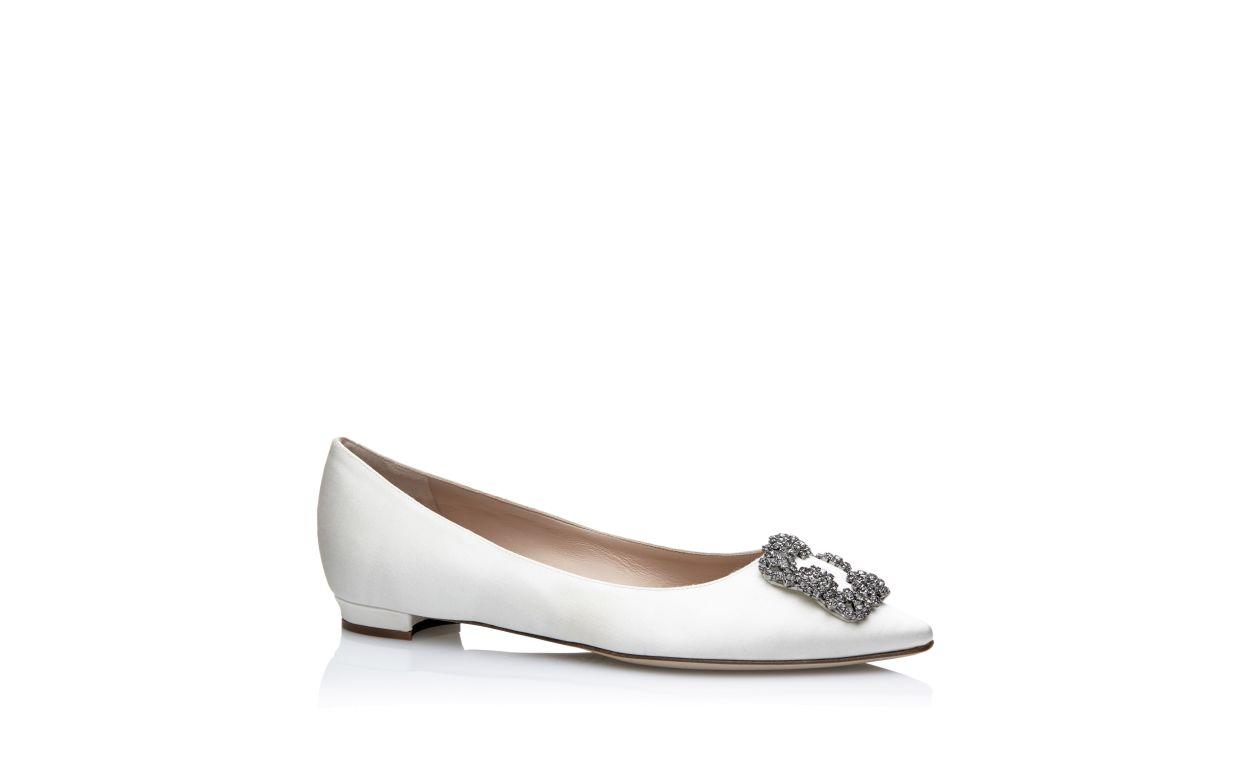 HANGISIFLAT White Satin Jewel Buckle Flats Product Image