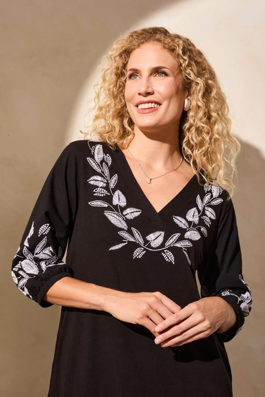 3/4 Sleeve V-Neck Embroidered Dress Product Image