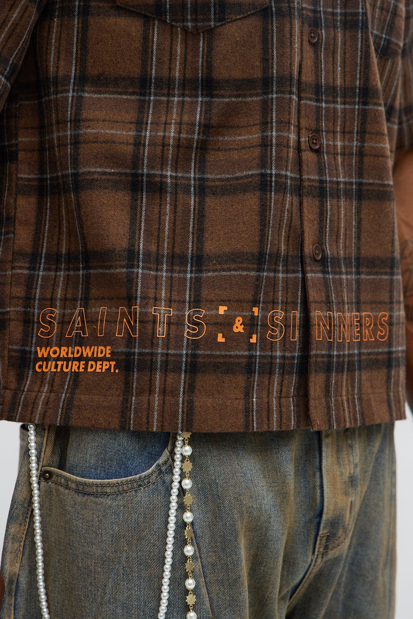 Culture Plaid Cropped Button Up Shirt - Brown Product Image