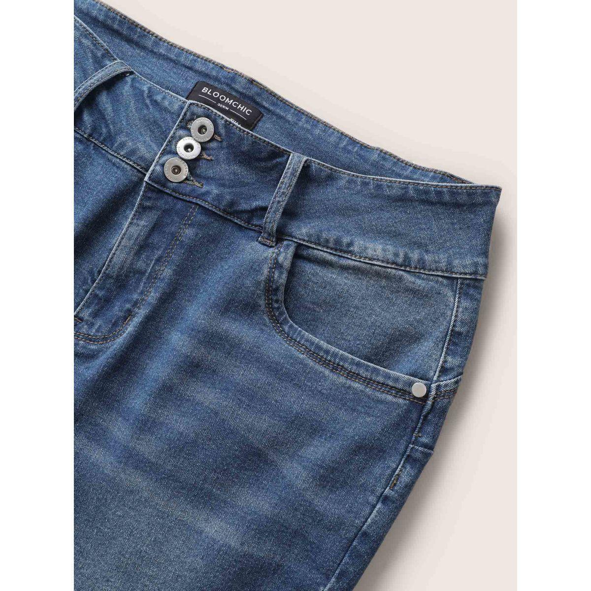 Plus Size Medium Wash Slim Cropped Jeans Women Blue Casual Button High stretch Slanted pocket Jeans BloomChic 18/2X Product Image