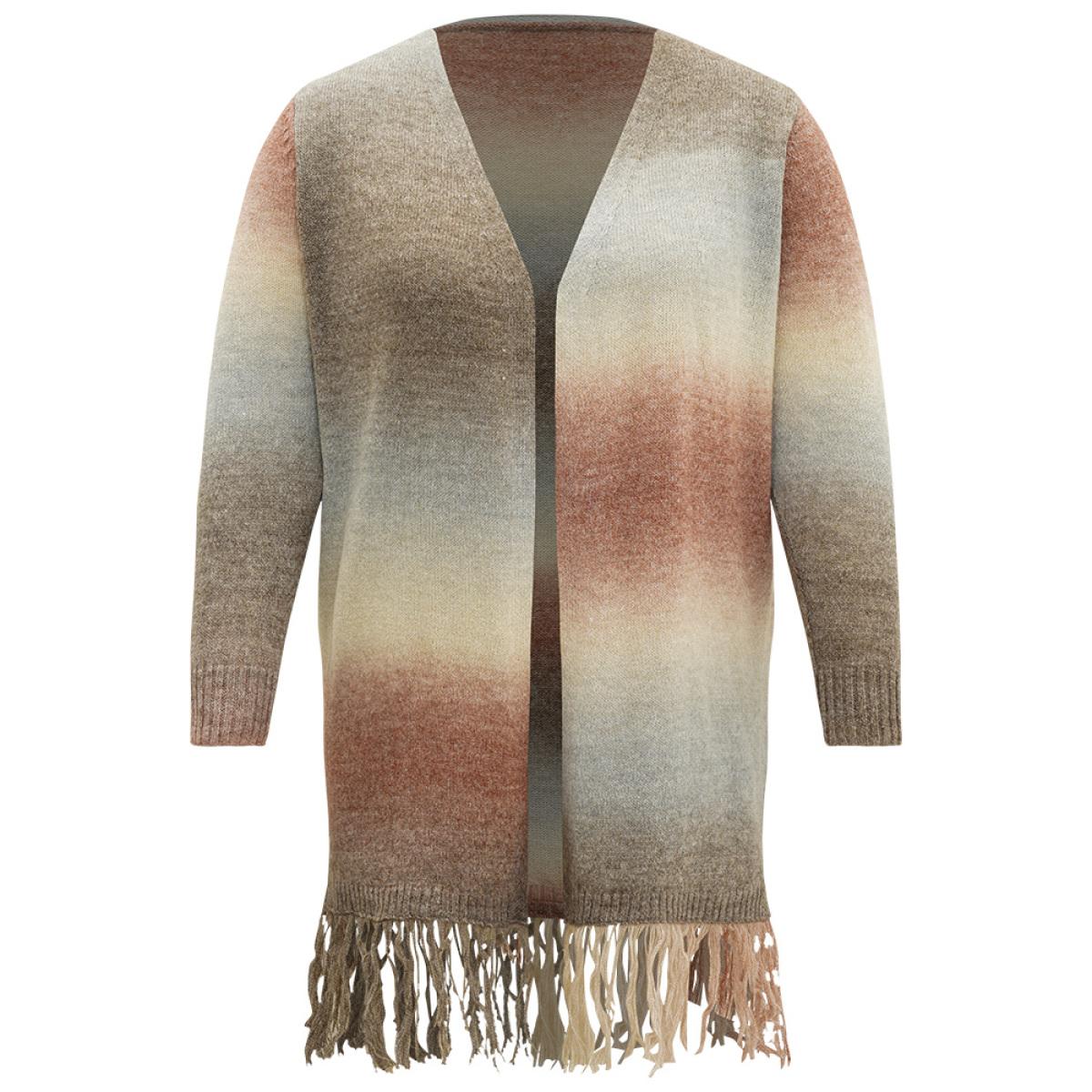 Plus Size Ombre Fringe Trim Open Front Cardigan Multicolor Women Casual Loose Long Sleeve Dailywear Cardigans BloomChic 26/4X Product Image