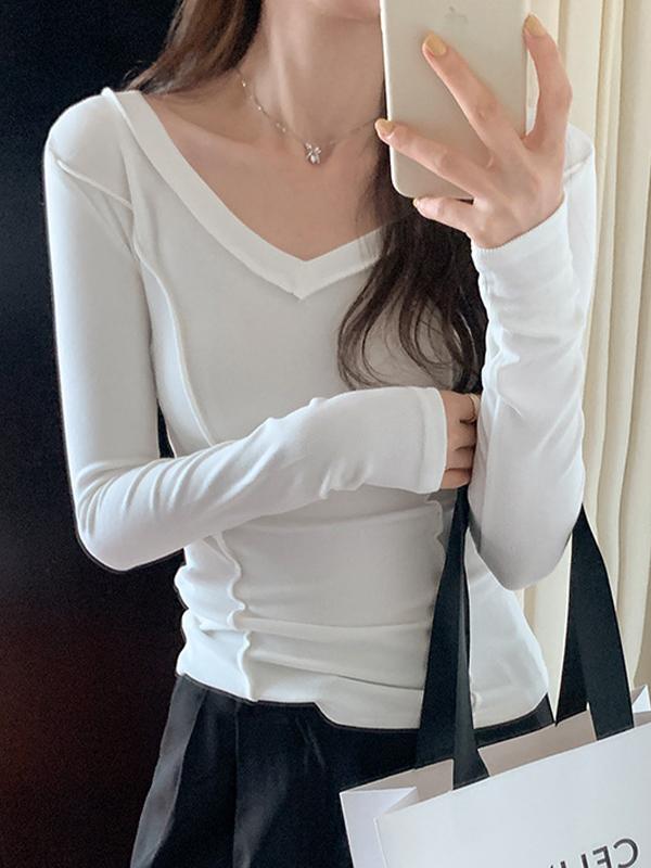 Solid V Neck Seam Detail Slim Long Sleeve Knit Product Image