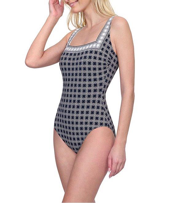Gottex Golden Chic Geometric Print Square Neck Tummy Control Tank One Piece Swimsuit Product Image