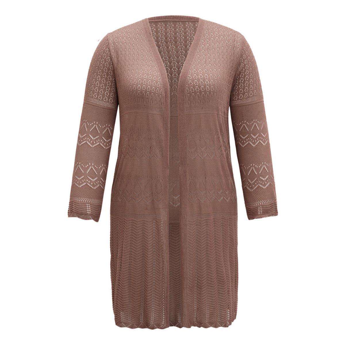 Plus Size Geometric Eyelet Open Front Maxi Cardigan Rust Women Casual Loose Long Sleeve Everyday Cardigans BloomChic 26/4X Product Image