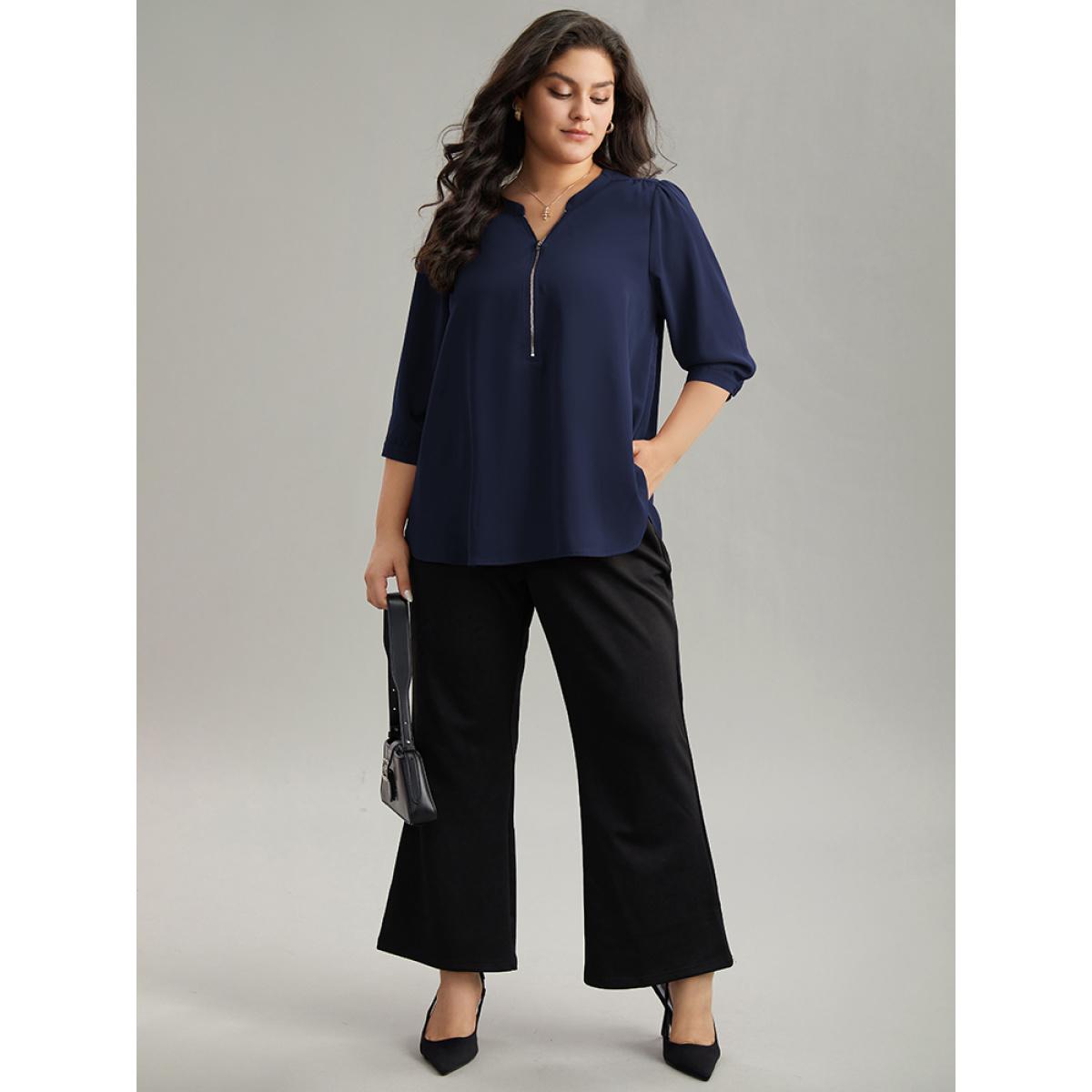 Plus Size DarkBlue Plain Half Zip Gathered Blouse Women Work From Home Elbow-length sleeve V-neck Office Blouses BloomChic 10/M Product Image