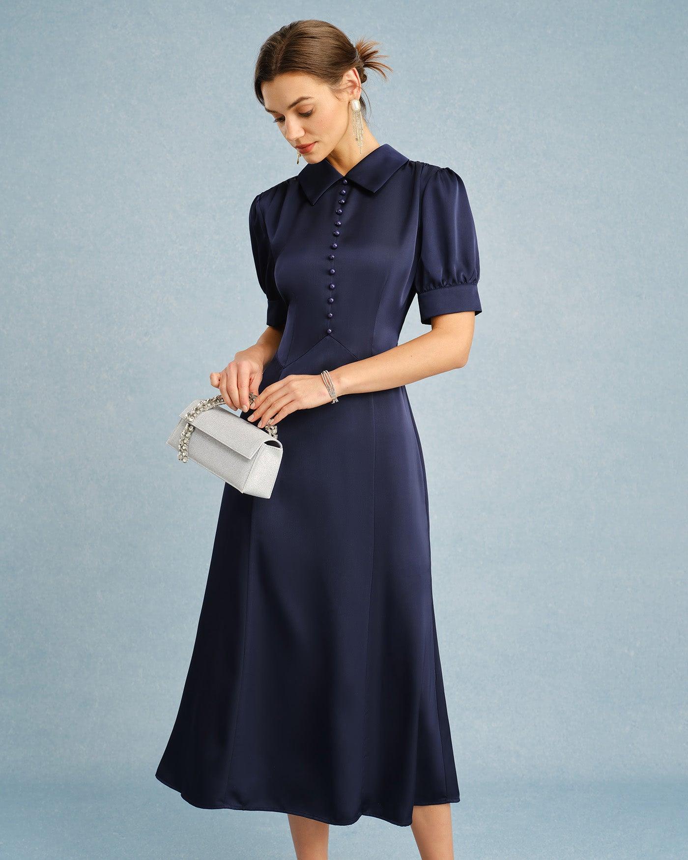 Navy Collar Puffed Sleeve Satin Midi Dress Product Image