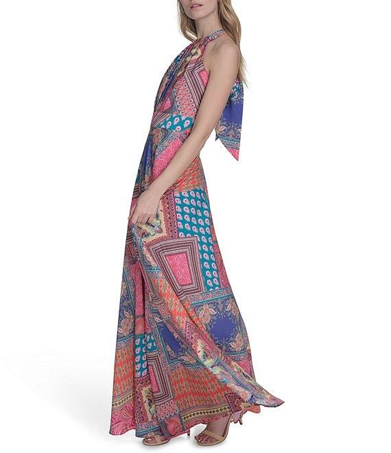 Eliza J Crepe Scarf Print Halter Neck Sleeveless Sheath Maxi Dress Product Image