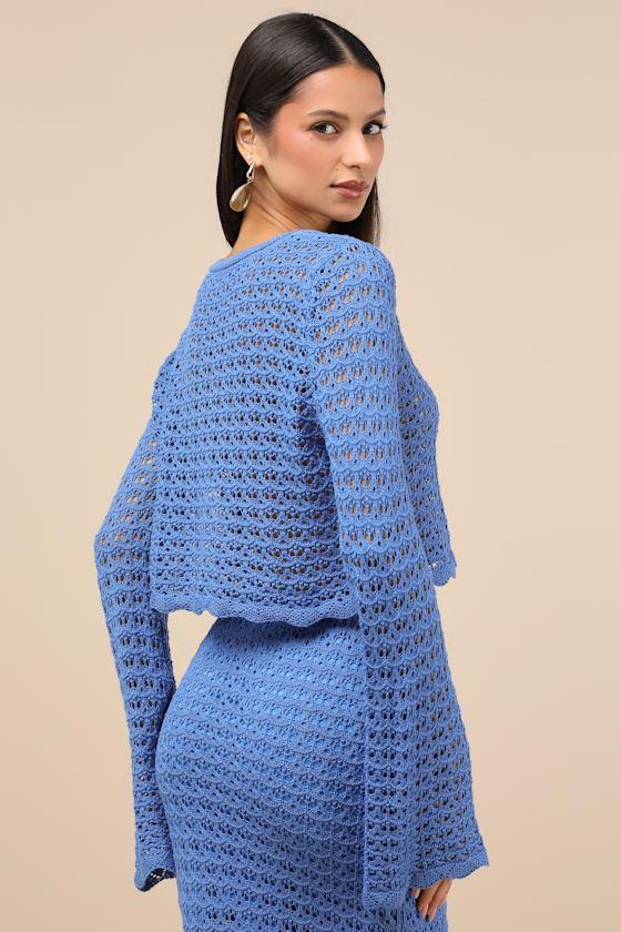 Serene Aesthetic Blue Crochet Knit Sweater Crop Top Product Image