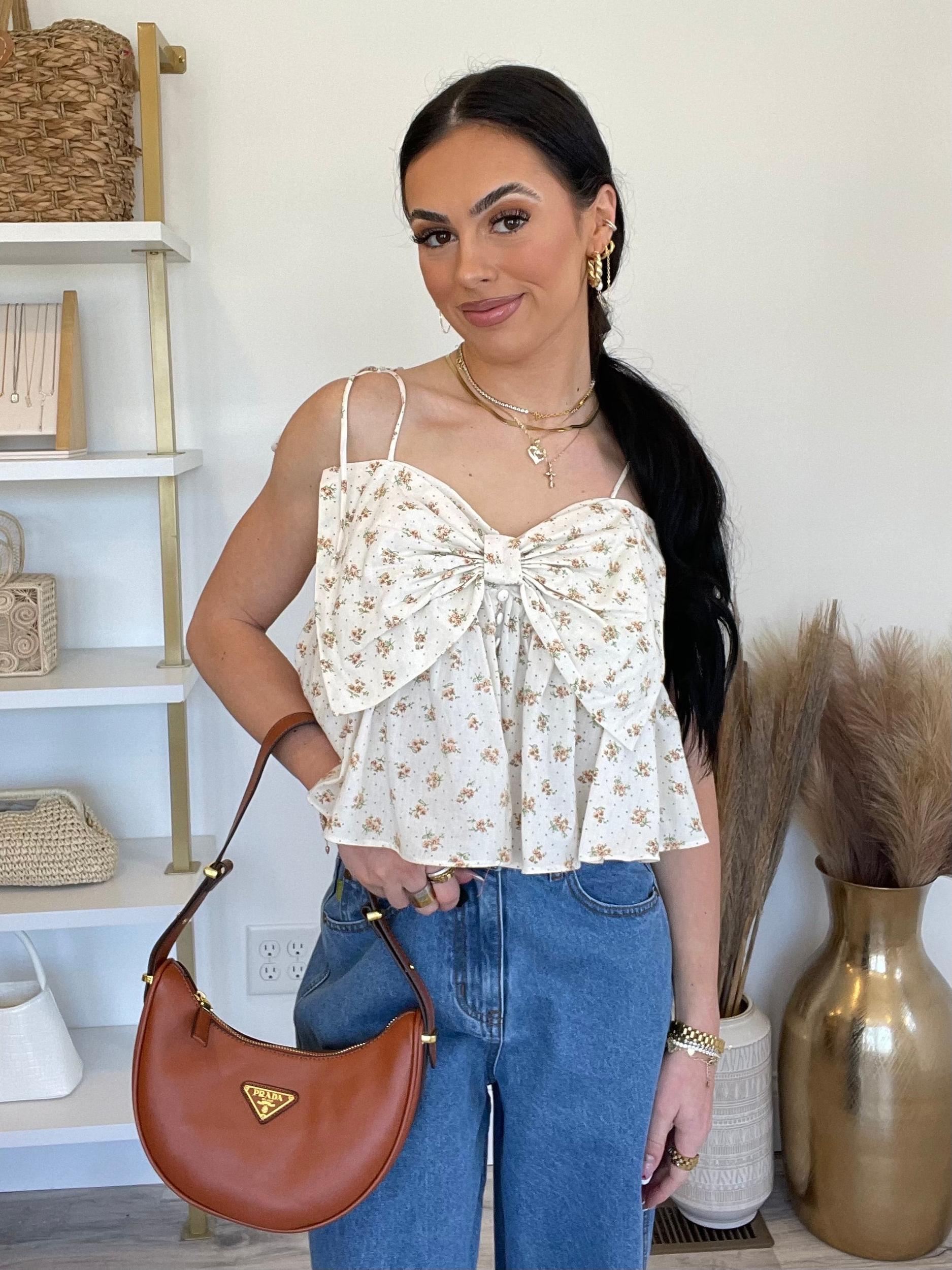 Bonjour Floral Bow Top | Cream Floral Product Image