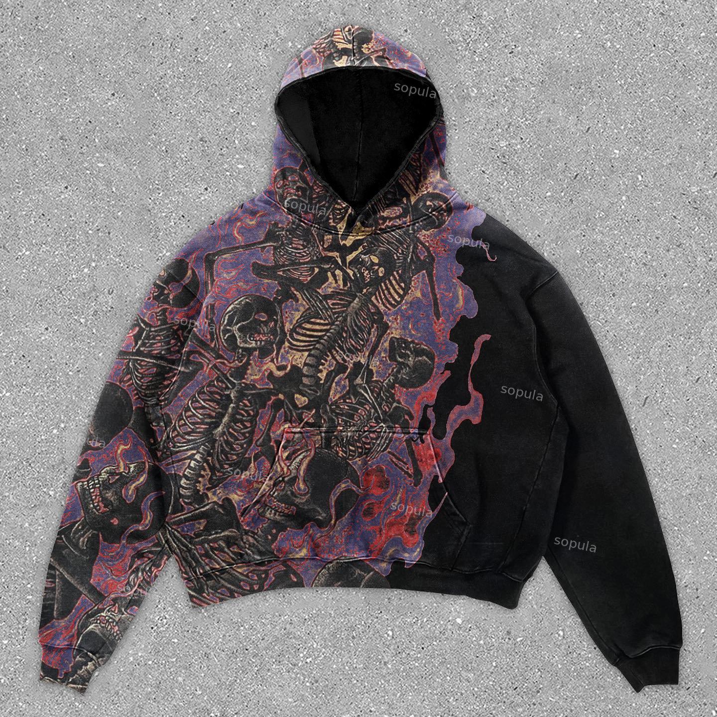 Vintage Skull Graphic Print Black Pullover Hoodie Product Image