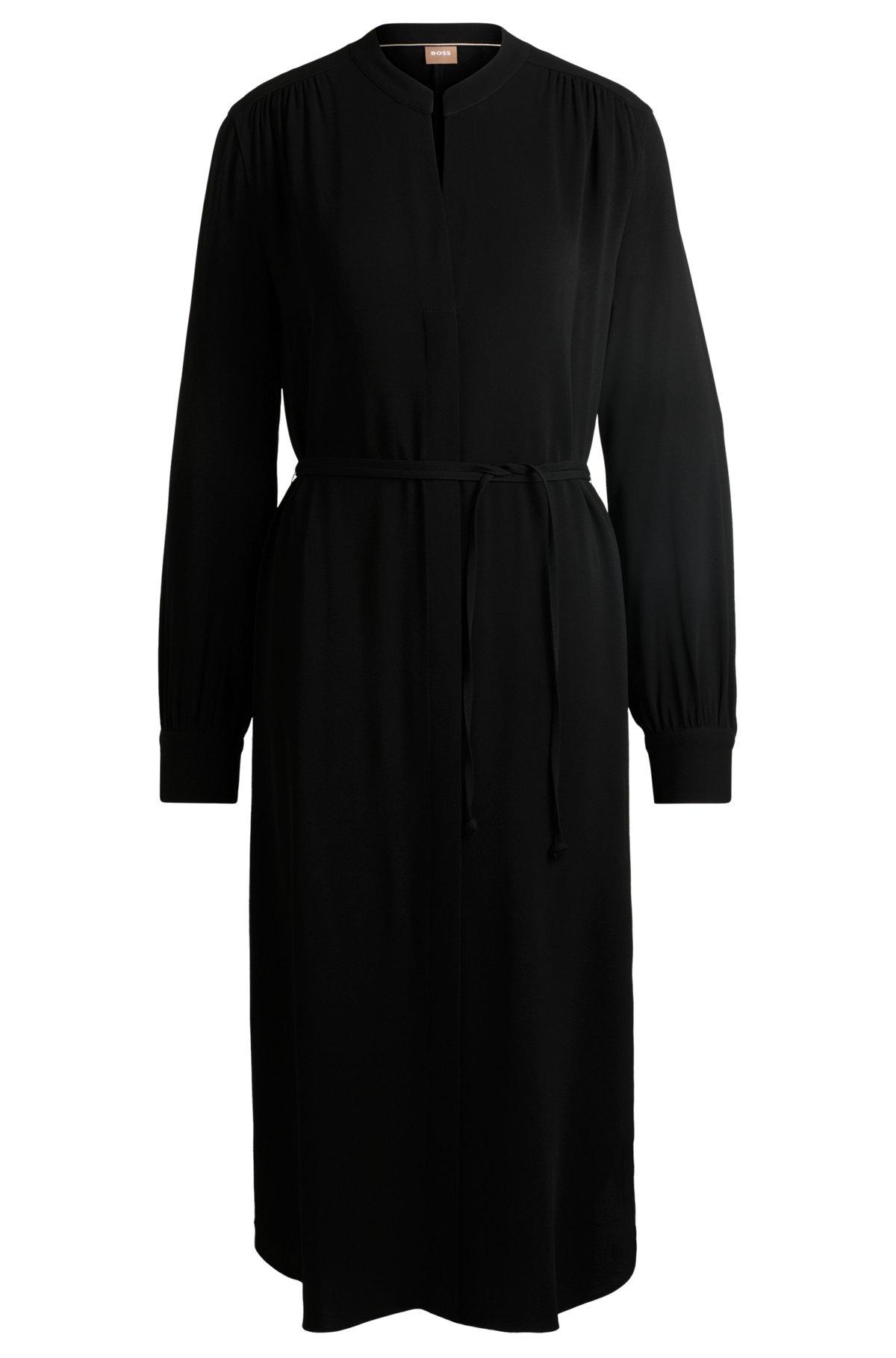 Belted dress with collarless V neckline and button cuffs Product Image