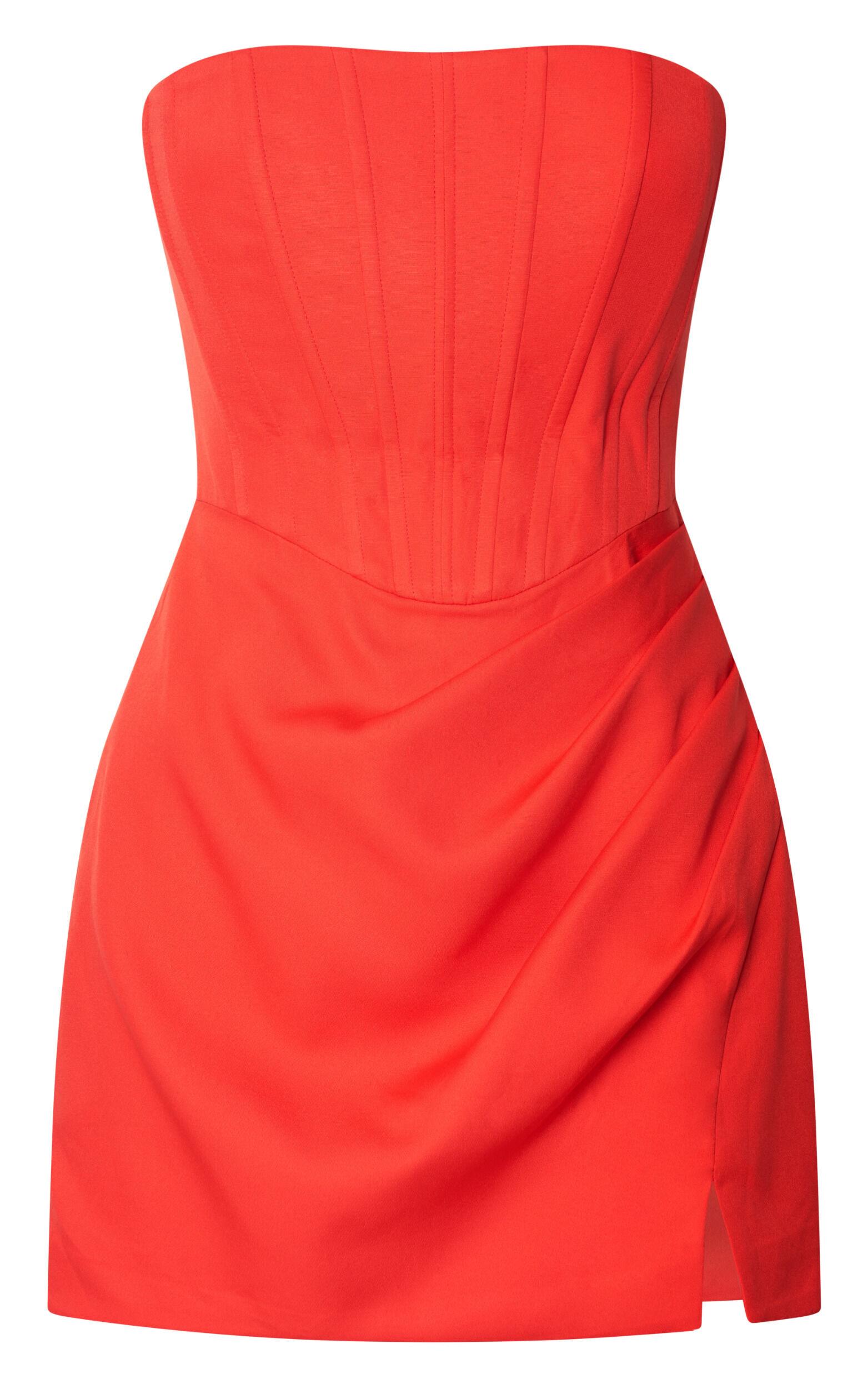 Avery Mini Dress - Strapless Corset Bodice Draped Dress in Orange Product Image