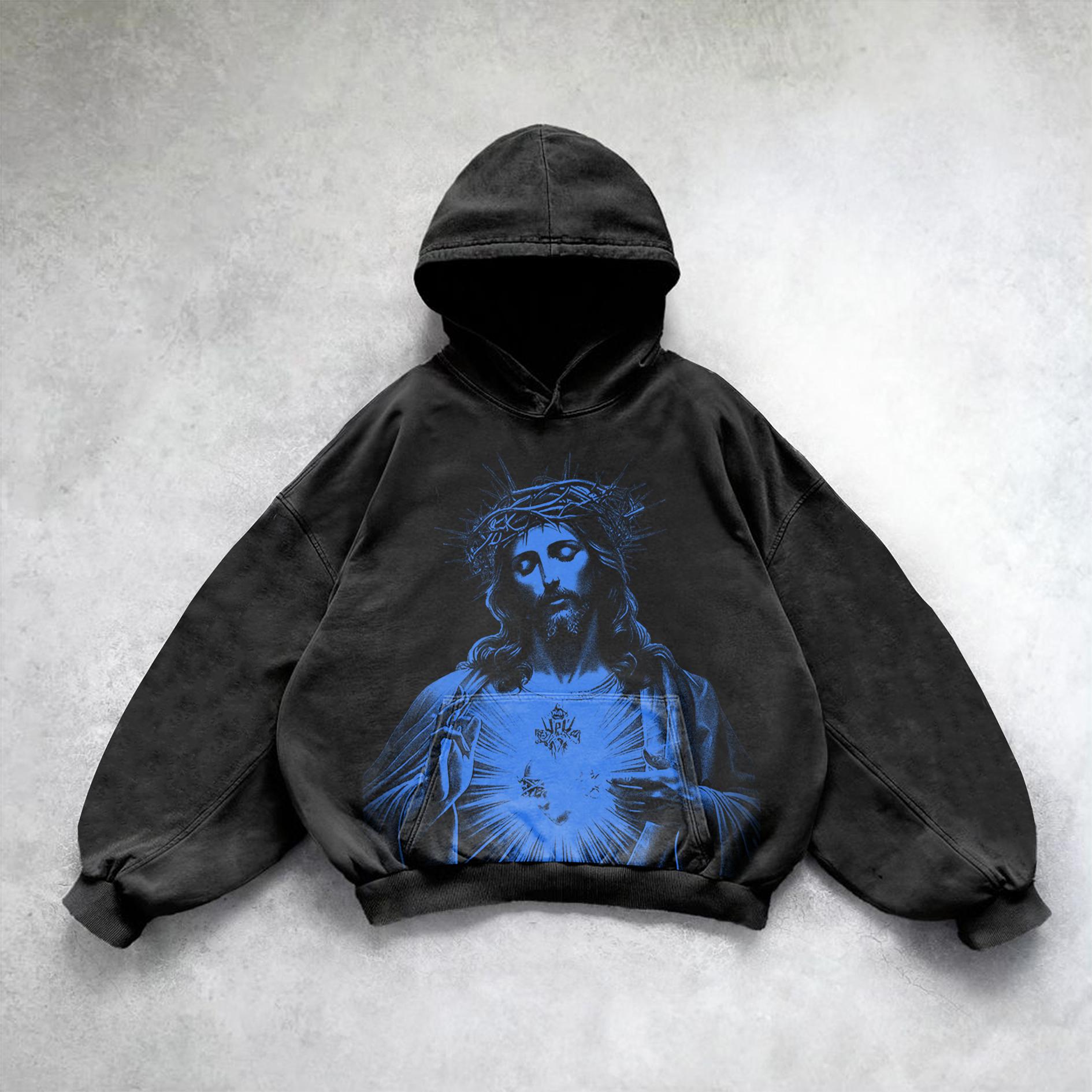 Sopula Vintage Jesus Print Acid Wash Hoodie Product Image