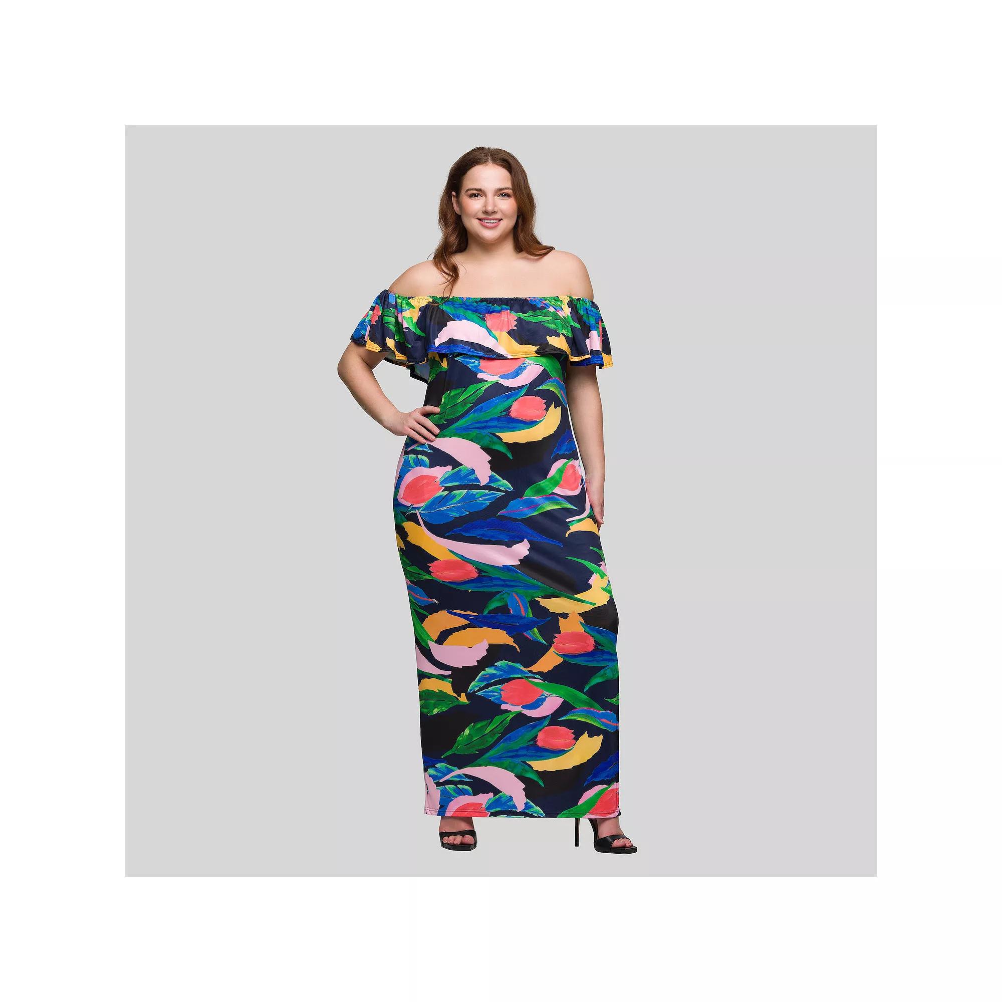 Plus Size 24Seven Comfort Apparel Abstract Off Shoulder Maxi Dress, Women's, Size: 1XL, Green Team Product Image