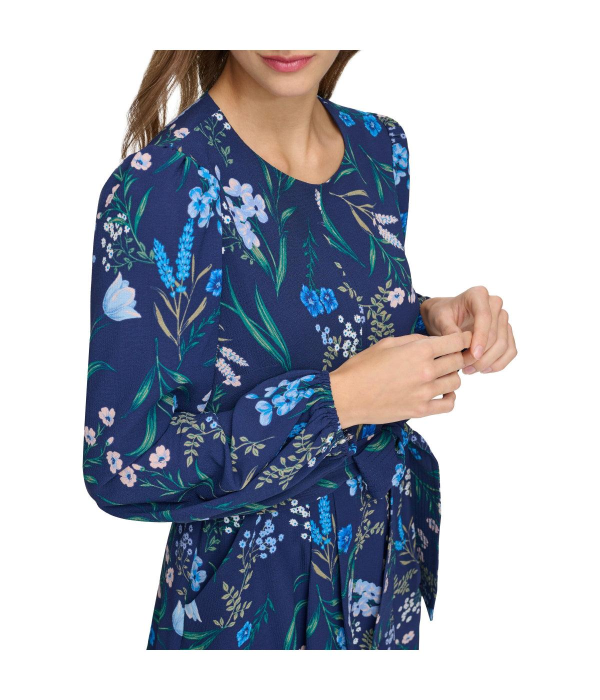 Jewel Neck Long Sleeve Fit & Flare With Trapunto Belt Navy Product Image