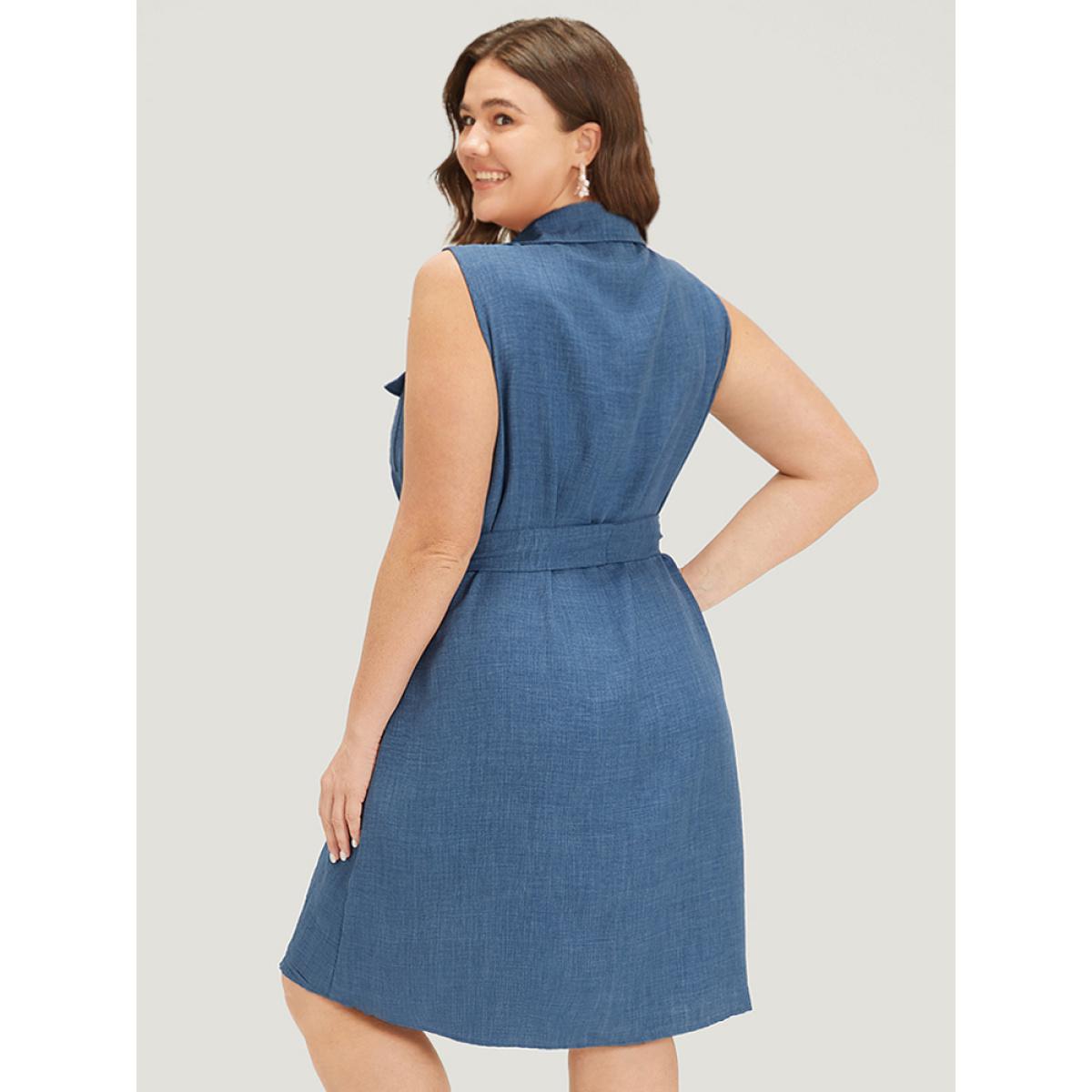 Plus Size Suit Collar Belted Pocket Button Through Sleeveless Dress Blue Women Elegant Belted Suit Collar Sleeveless Curvy Knee Dress BloomChic 14-16/1X Product Image
