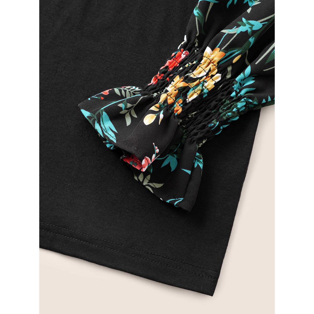 Plus Size Floral Patchwork Shirred Round Neck T-shirt Black Women Elegant Patchwork Floral Round Neck Everyday T-shirts BloomChic 26/4X Product Image