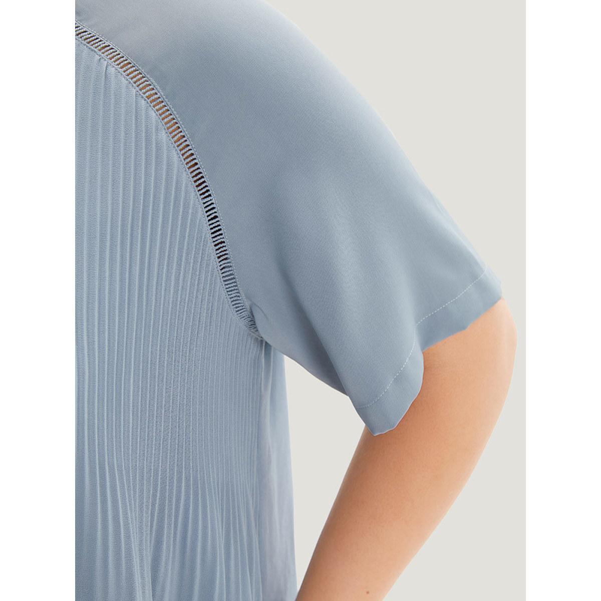 Plus Size Stone Solid Pleated Raglan Sleeve Patchwork Blouse Women Elegant Short sleeve Round Neck Dailywear Blouses BloomChic 14-16/1X Product Image