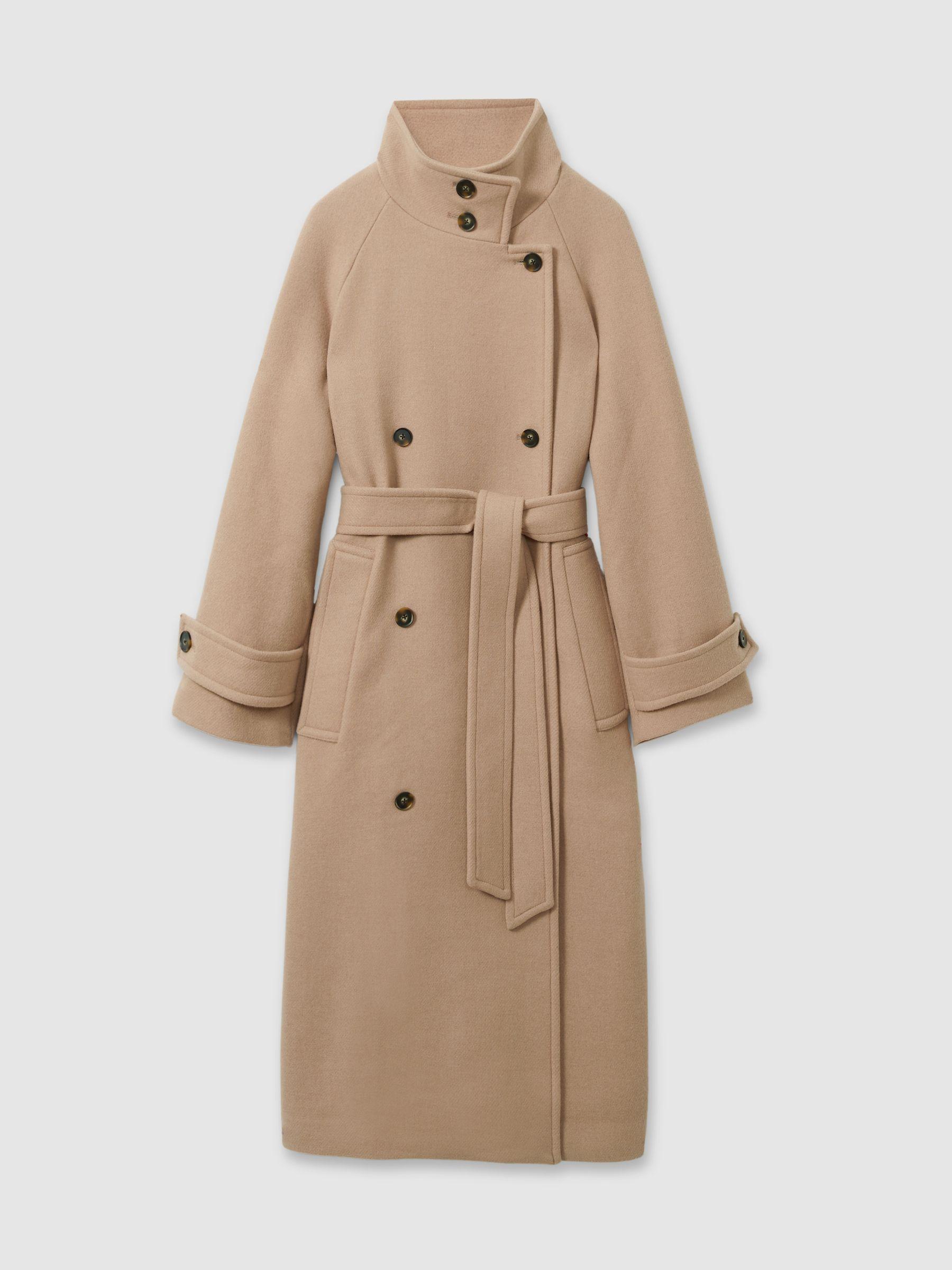 Wool Blend Double Breasted Funnel Neck Coat in Neutral Product Image