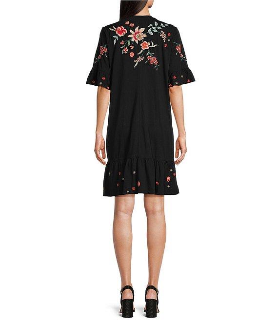 JOHNNY WAS Andrean Placement Floral Embroidery Knit Jersey Round Neck Short Sleeve Shift Dress Product Image