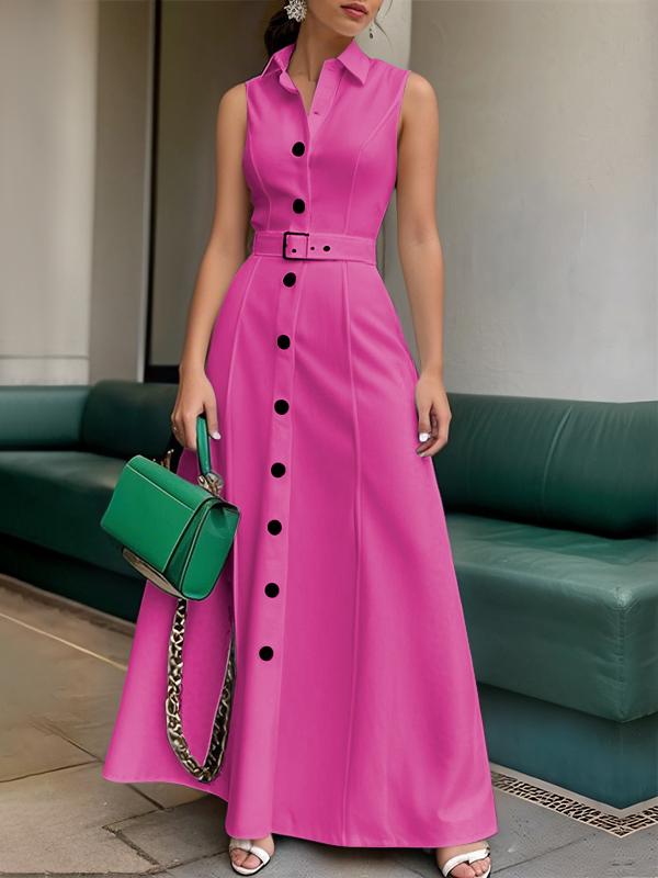 A-Line High Waisted Belted Buttoned Solid Color Lapel Maxi Dresses Product Image
