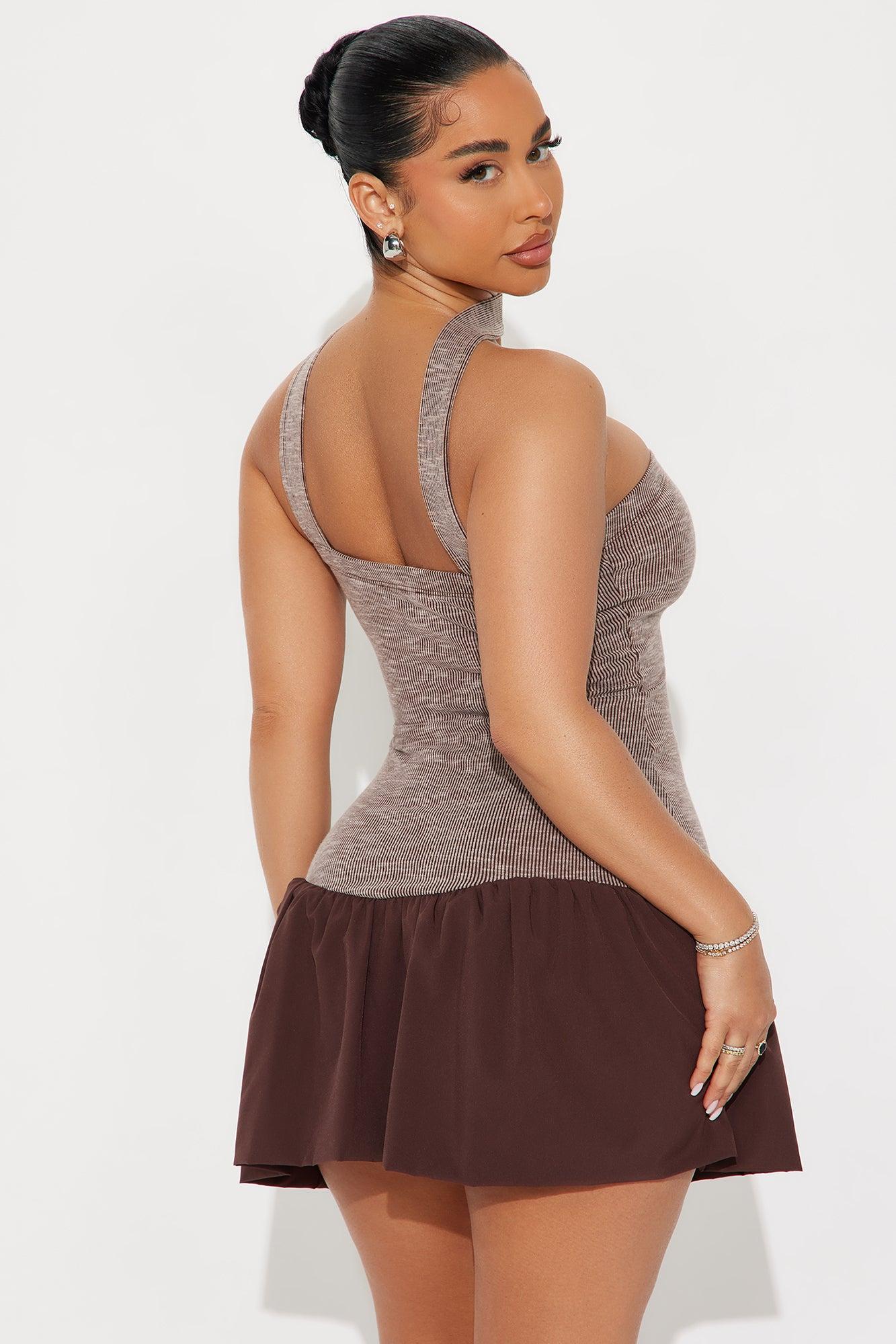 Brittany Ribbed Bubble Mini Dress - Mocha Product Image