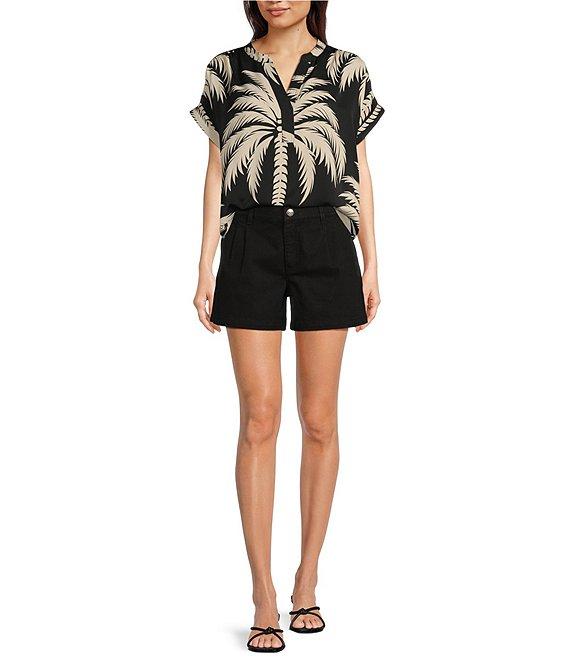 Gibson & Latimer Palm Tropical Print Moonshadow Satin Split Round Neck Dropped Short Roll Tab Sleeve Hi-Low Shirttail Blouse Product Image