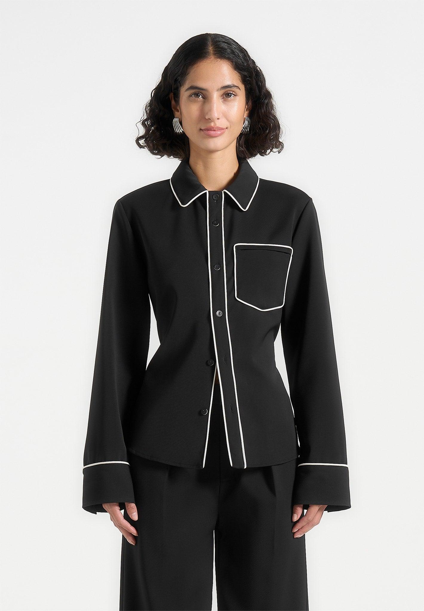 Contrast Piped Backless Tie Shirt - Black/White Female Product Image