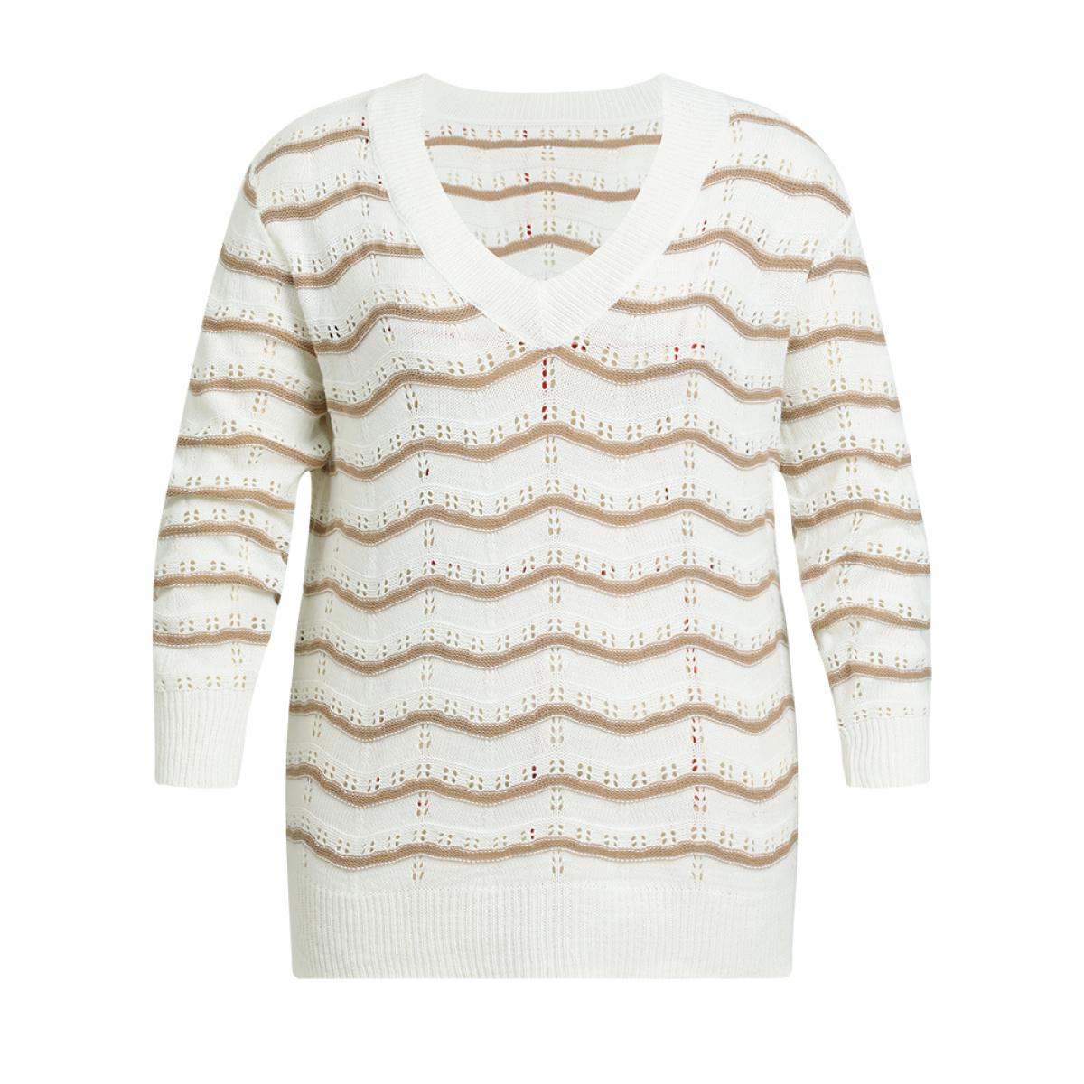 Plus Size Wave Striped Cut Out V Neck Cardigan Beige Women Casual Bodycon Long Sleeve V-neck Dailywear Pullovers BloomChic 28/5X Product Image