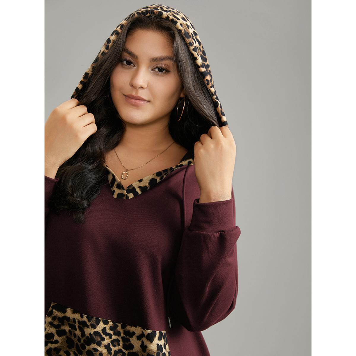 Plus Size Leopard Patchwork Kangaroo Pocket Hooded Sweatshirt Women Burgundy Casual Contrast Hooded Dailywear Sweatshirts BloomChic 18-20/2X Product Image