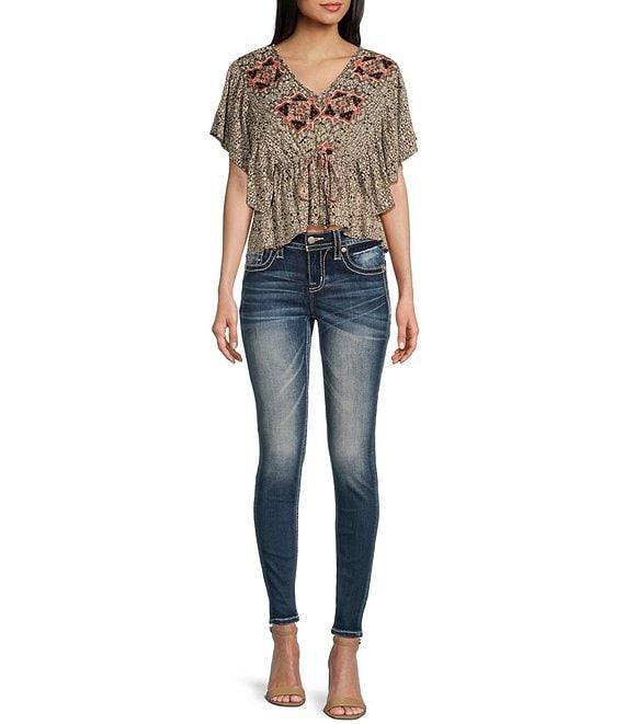 Miss Me Mid Rise Turquoise Stud Fleur-De-Lis Skinny Jeans Product Image