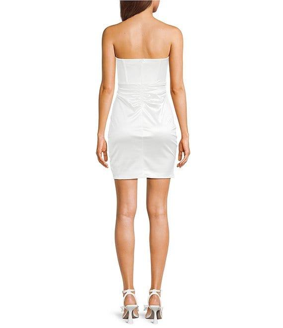Honey and Rosie Sateen Strapless Pleated Twist Front Illusion Midriff Corset Inspired Dress Product Image