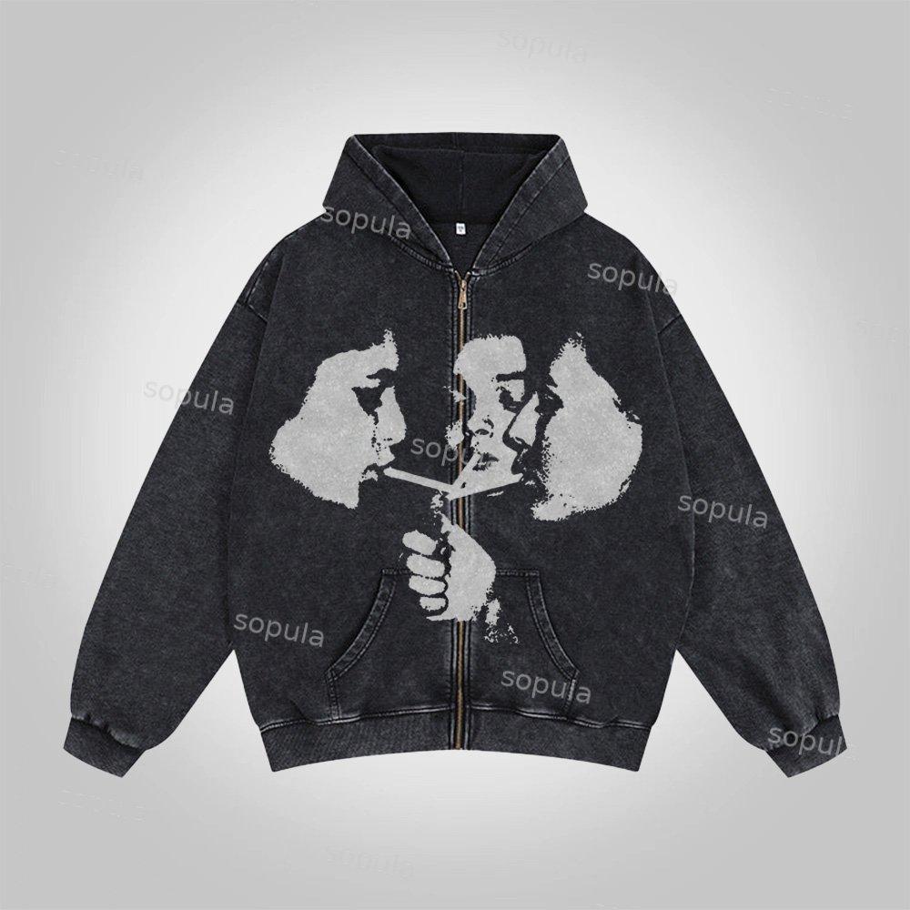 Men's Oversized Relaxed Graphic Vintage Washed Zip-Up Hoodie Product Image