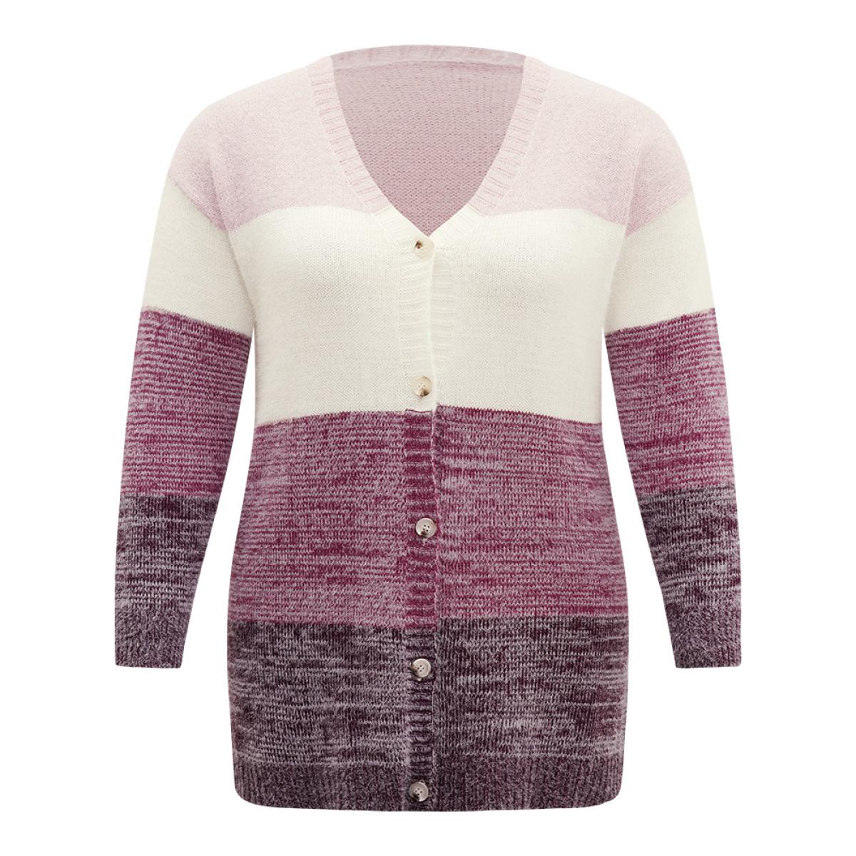 Plus Size Colorblock Button Through Fuzzy Cardigan Multicolor Women Casual Loose Long Sleeve Dailywear Cardigans BloomChic 10/M Product Image