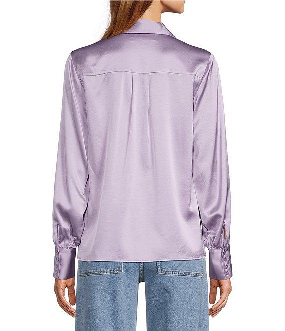 Antonio Melani Violet Silk Notch Collar V-Neck Long Blouson Sleeve Blouse Product Image