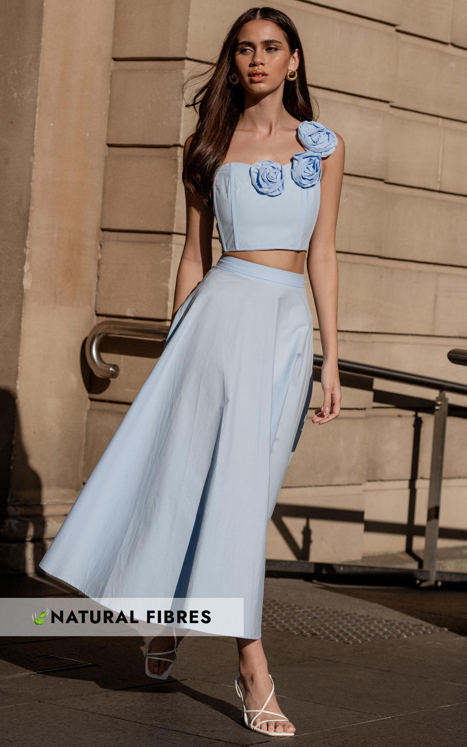 Claire Two Piece Set - One Shoulder Rosette Detail Crop Top And A Line Skirt Set in Powder Blue Product Image