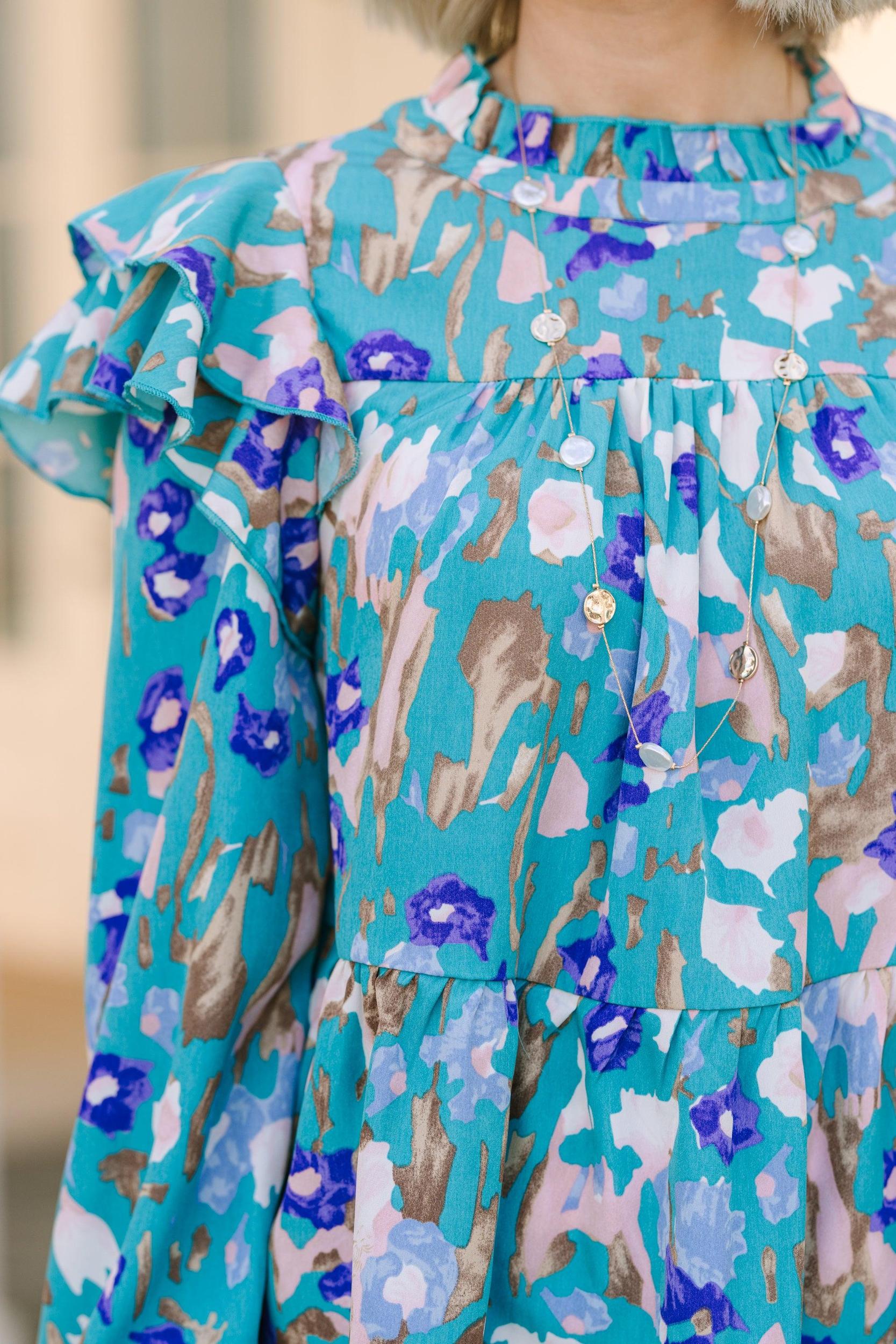 Join You Later Teal Green Leopard L/S Top Female Product Image